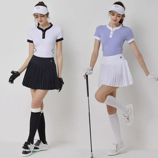 Blktee Woman Patchwork Short Sleeve Shirt Slim Fast Dry Golf T-shirt Anti-light Pleated Skirt High Waist Elegant Casual Skort