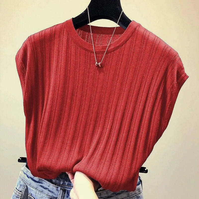 Women's Knitted Loose Short Sleeve T-shirt - O-Neck Casual Top