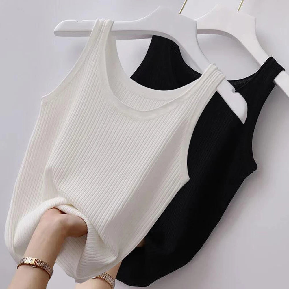 Sleeveless O-Neck Knit Vest - Black White T-shirt Slim Tank Top