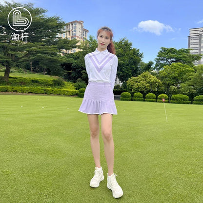 Schlankes Langarm-Golfshirt im koreanischen Stil für Damen