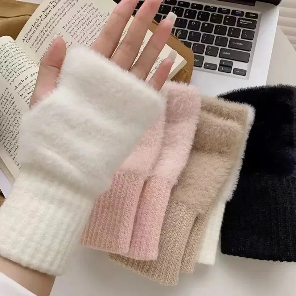 Mink Fleece Half Finger Women's Gloves -  Knitted Fingerless Gloves