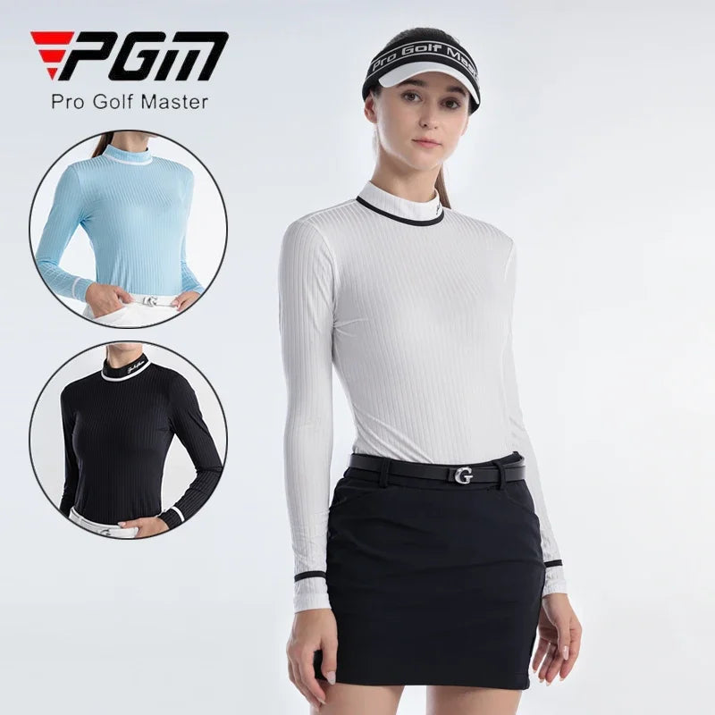 Chemise de golf à rayures pour femme, haute élasticité, coupe ajustée, fermeture éclair au dos, col montant.