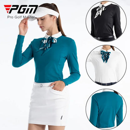 Women's Autumn Golf T-Shirt - Slim, Zipper Collar, Silk Scarf