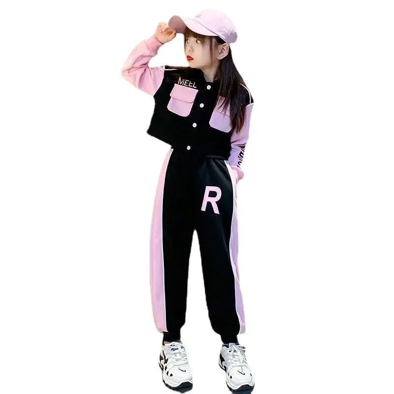 Junior Girls Baseball Suit with Lapel Jacket and Casual Long Pants