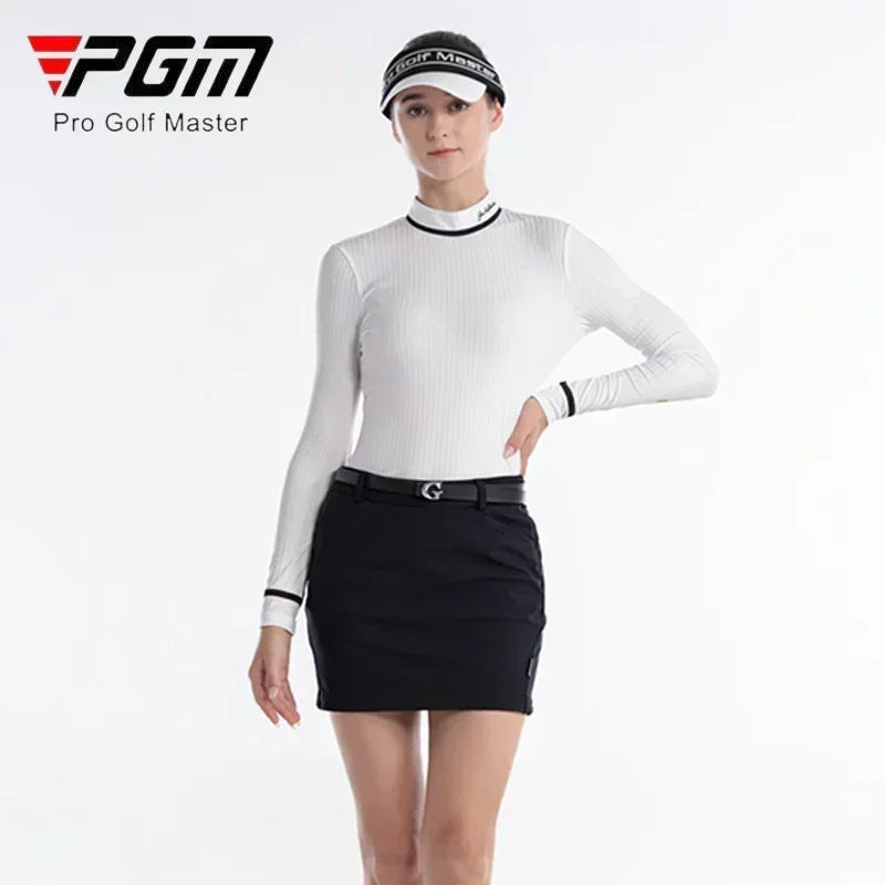 Ladies Stripe High Elastic Golf Shirt - Slim Fit, Back Zipper, Stand Collar