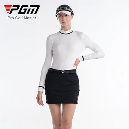 Chemise de golf à rayures pour femme, haute élasticité, coupe ajustée, fermeture éclair au dos, col montant.