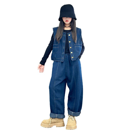 Ensemble gilet en jean pour fille, t-shirt, pantalon à jambe large