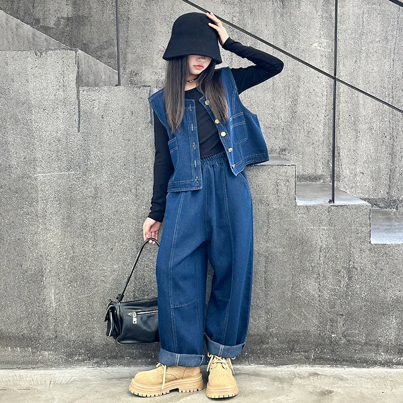 Ensemble gilet en jean pour fille, t-shirt, pantalon à jambe large