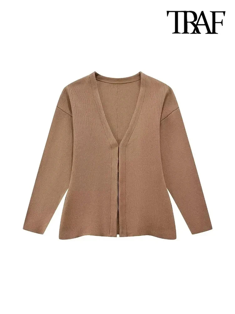 Cardigan en tricot ajusté chic à col en V pour femme