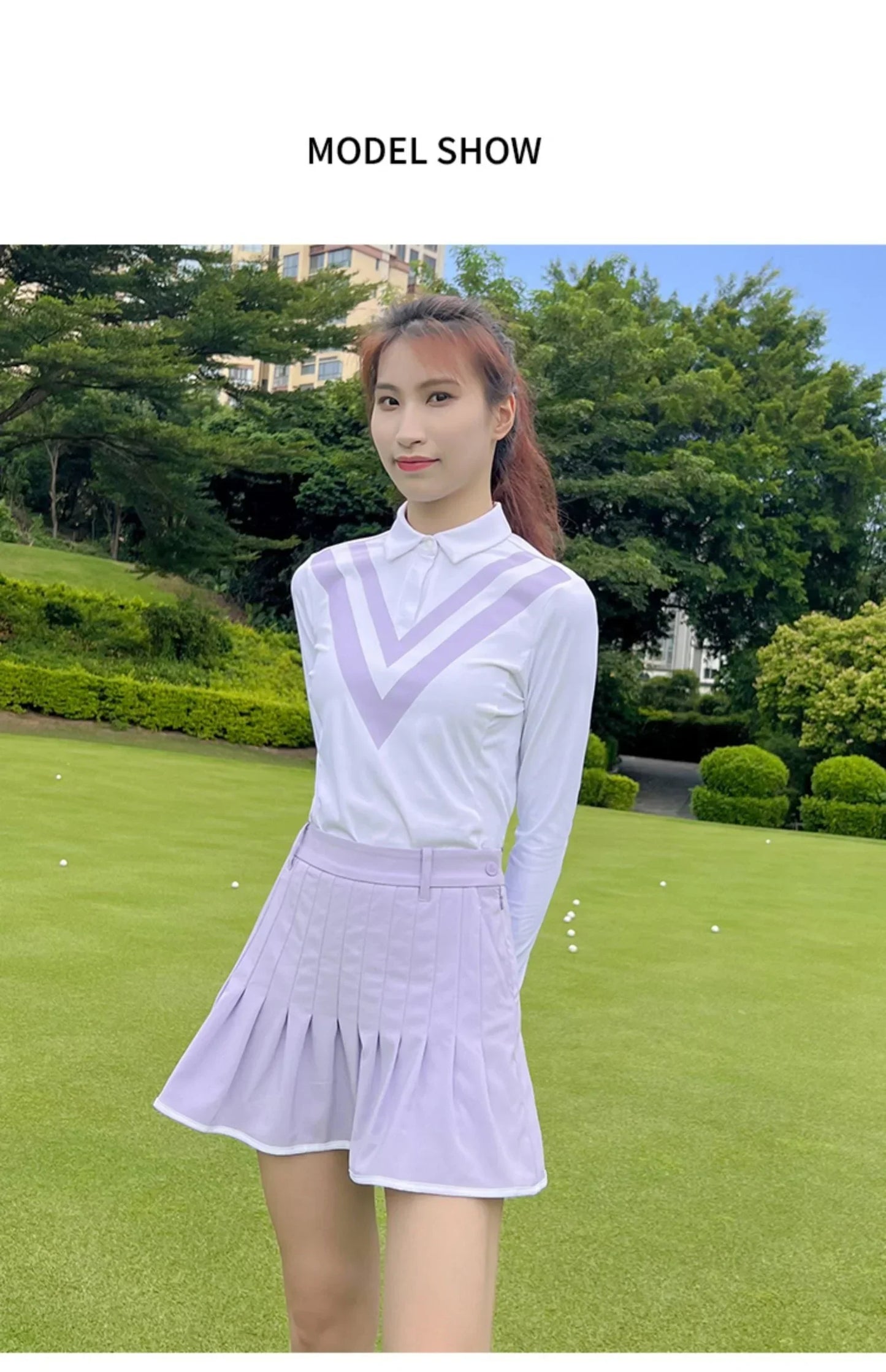 Schlankes Langarm-Golfshirt im koreanischen Stil für Damen