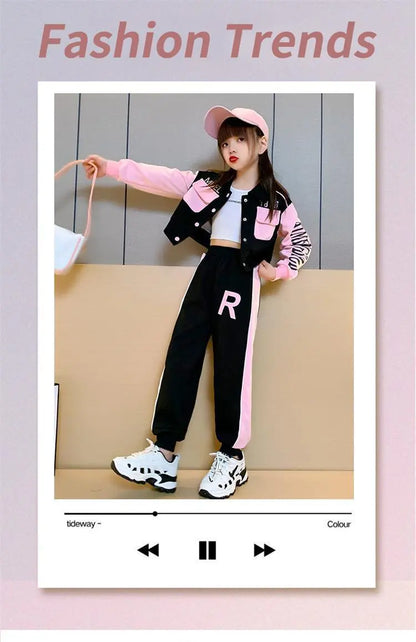 Junior Girls Baseball Suit with Lapel Jacket and Casual Long Pants