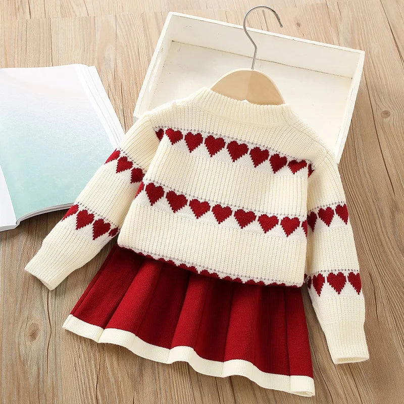 Western-Style Heart-Shaped Sweater & Skirt Set for Girls