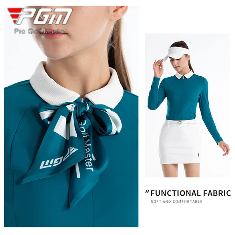 Women's Autumn Golf T-Shirt - Slim, Zipper Collar, Silk Scarf