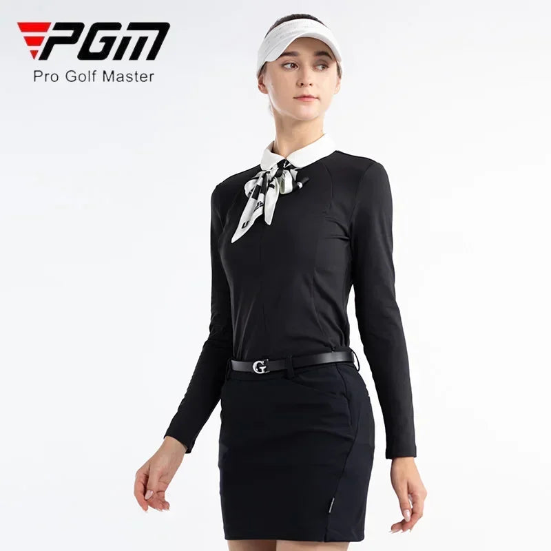 Women's Golf T-Shirt - Zipper Polo Top with Silk Scarf, Full Sleeve Casual Shirt