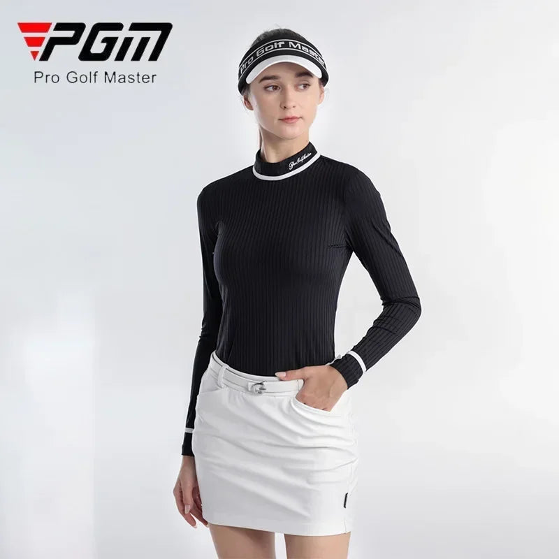 Chemise de golf à rayures pour femme, haute élasticité, coupe ajustée, fermeture éclair au dos, col montant.