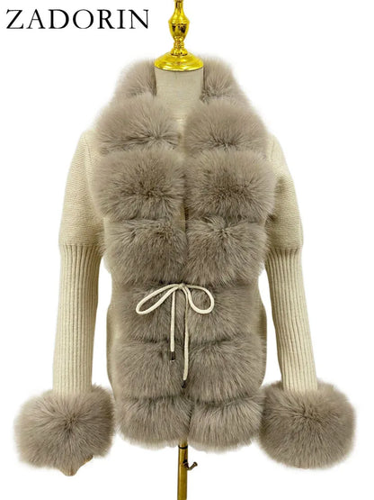 Fall Winter Faux Fur Coat – Luxury Knitted Sweater