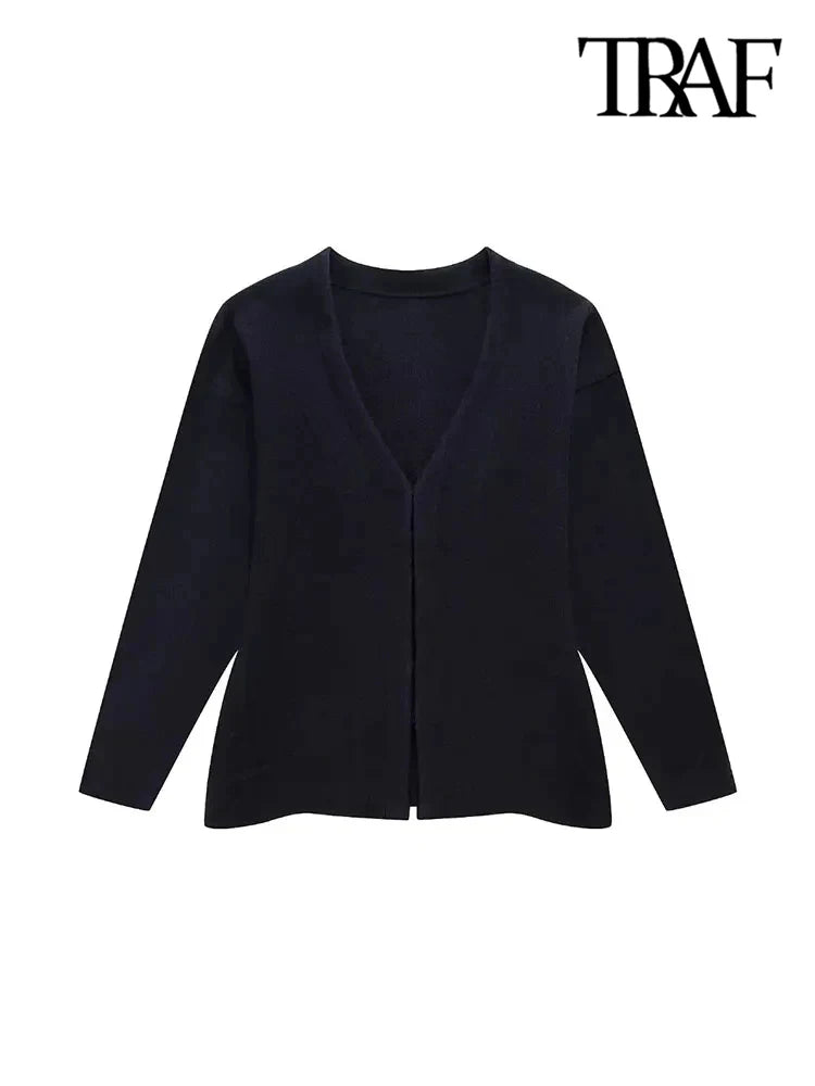 Cardigan en tricot ajusté chic à col en V pour femme