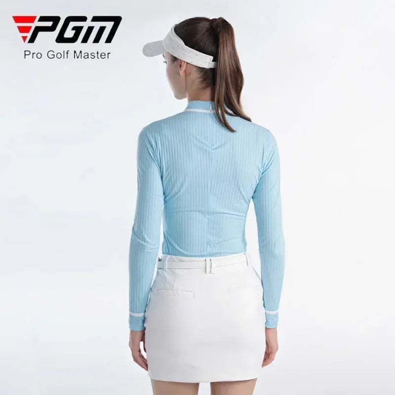 Ladies Stripe High Elastic Golf Shirt - Slim Fit, Back Zipper, Stand Collar