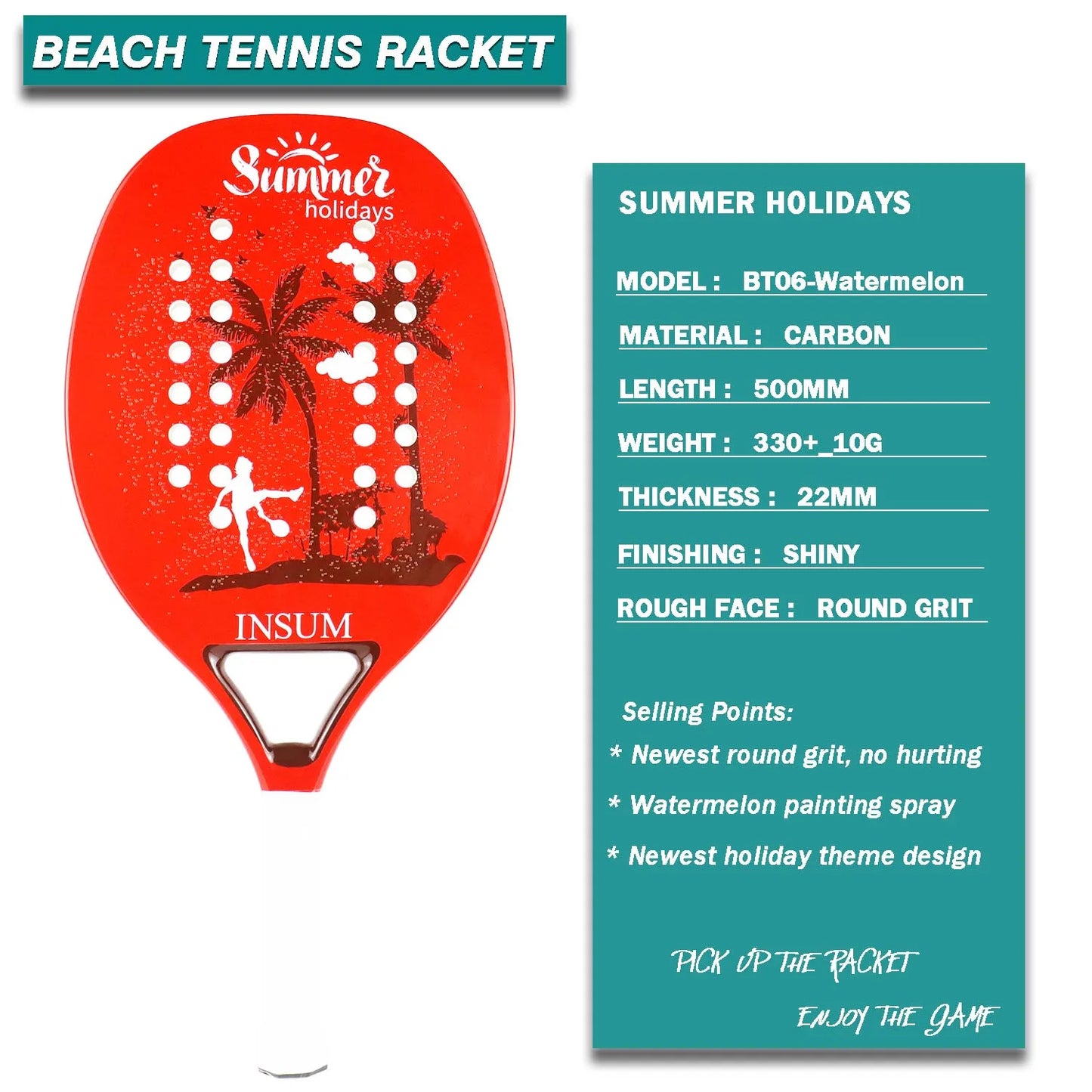 Raquette de tennis INSUM Beach 100 % fibre de carbone à grains ronds