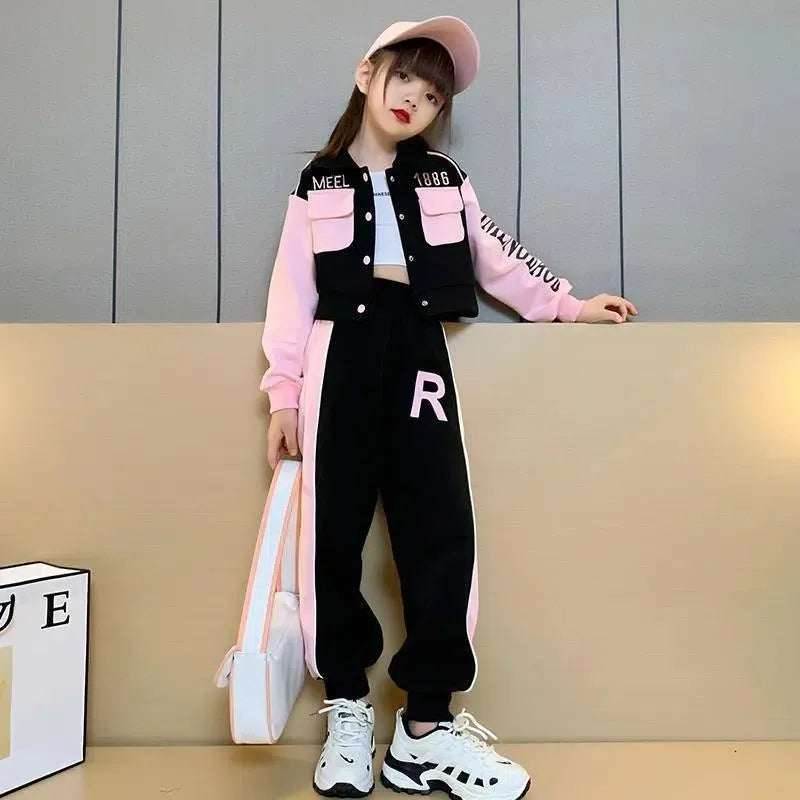 Junior Girls Baseball Suit with Lapel Jacket and Casual Long Pants