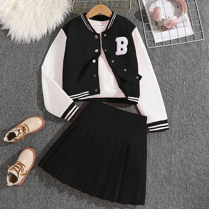 Ensemble veste de baseball blanche et rose avec jupe plissée pour fille