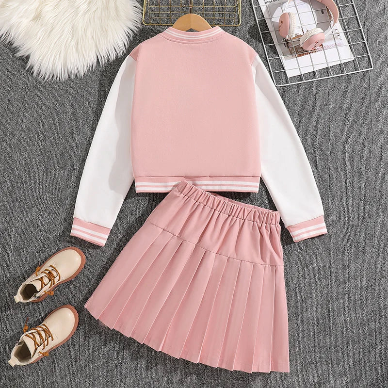 Ensemble veste de baseball blanche et rose avec jupe plissée pour fille