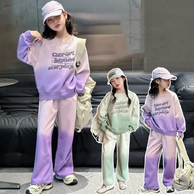 Ensemble sweat-shirt et pantalon de survêtement à imprimé alphabet dégradé pour filles