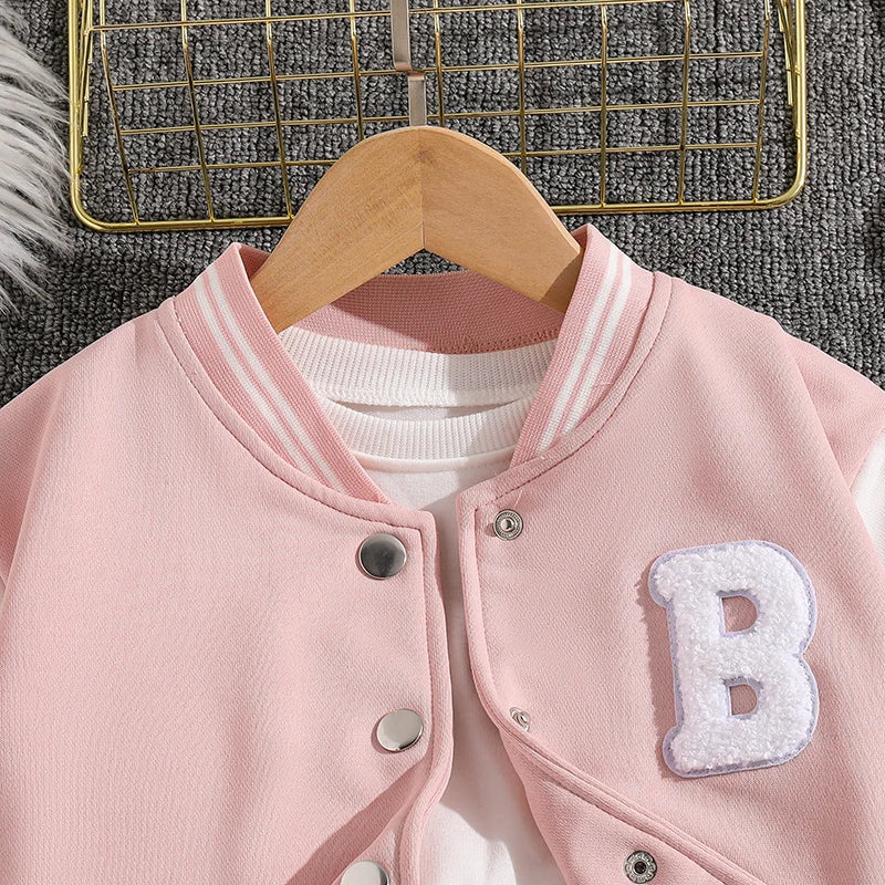 Ensemble veste de baseball blanche et rose avec jupe plissée pour fille