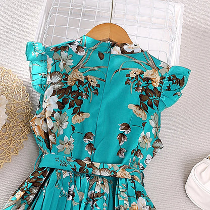 Kids Floral Print Fly-sleeve Pleated Dress For Girls