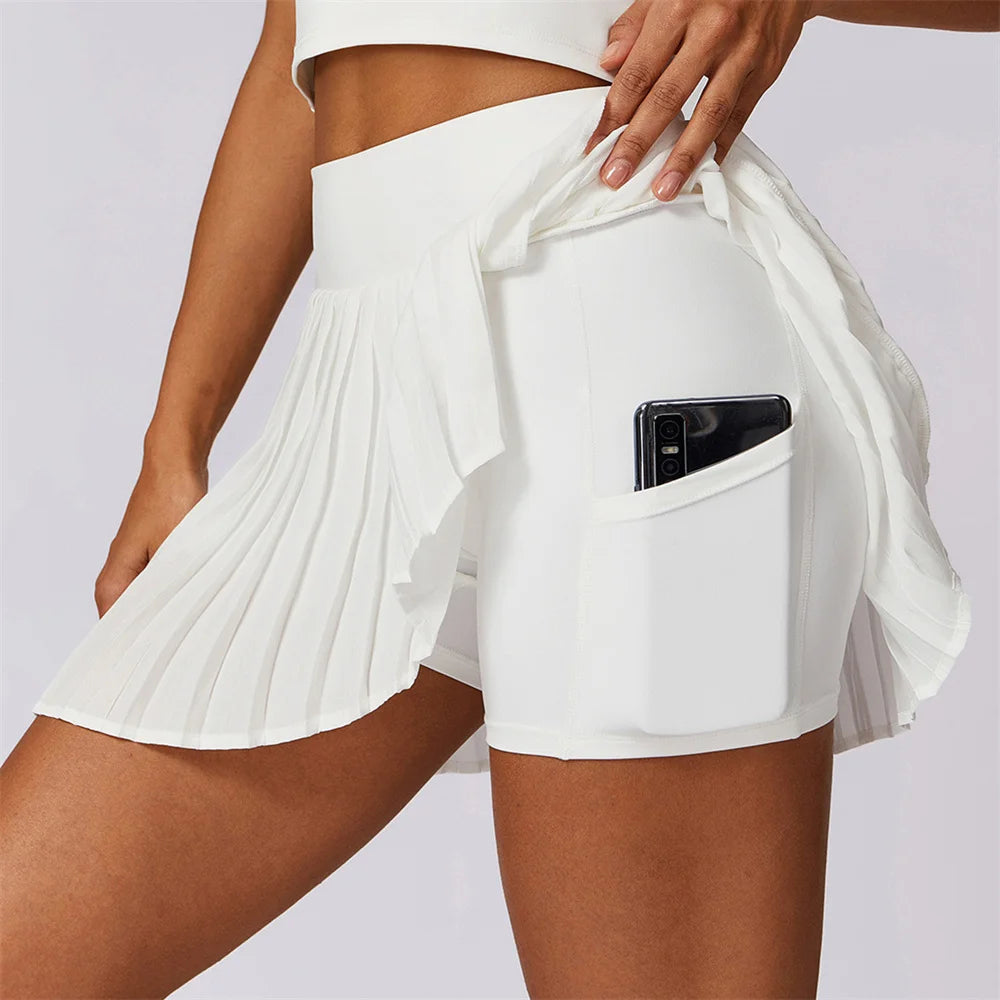 Jupe de tennis plissée en mousseline de soie pour femme avec poche anti-short