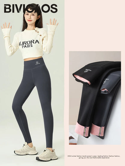 Leggings d'hiver en velours rose et peau de requin pour femmes