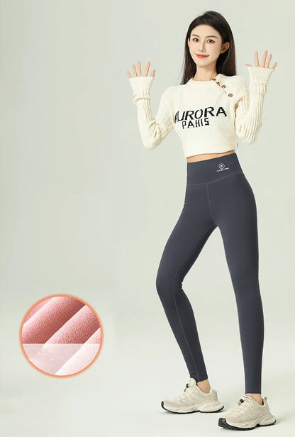 Leggings d'hiver en velours rose et peau de requin pour femmes