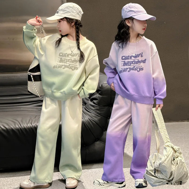 Ensemble sweat-shirt et pantalon de survêtement à imprimé alphabet dégradé pour filles