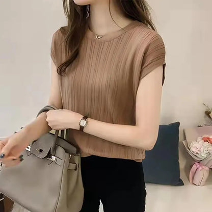 Women's Knitted Loose Short Sleeve T-shirt - O-Neck Casual Top