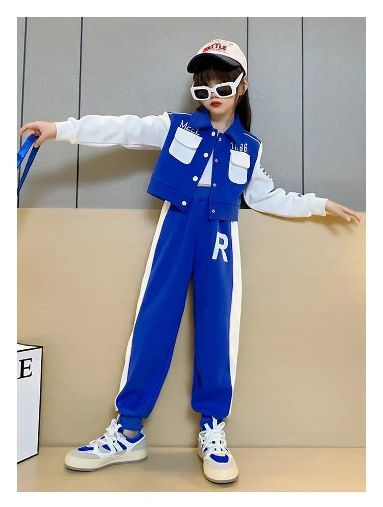 Junior Girls Baseball Suit with Lapel Jacket and Casual Long Pants