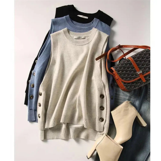 College Style Three-Button Knitted Vest for Women