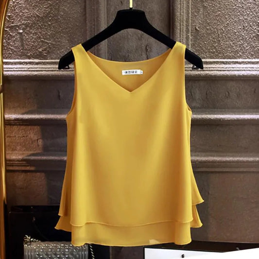 Sommerliche ärmellose Chiffon-Bluse mit V-Ausschnitt – Übergröße 5XL