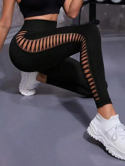 Leggings de fitness sans couture noirs creux sexy