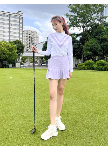 Schlankes Langarm-Golfshirt im koreanischen Stil für Damen