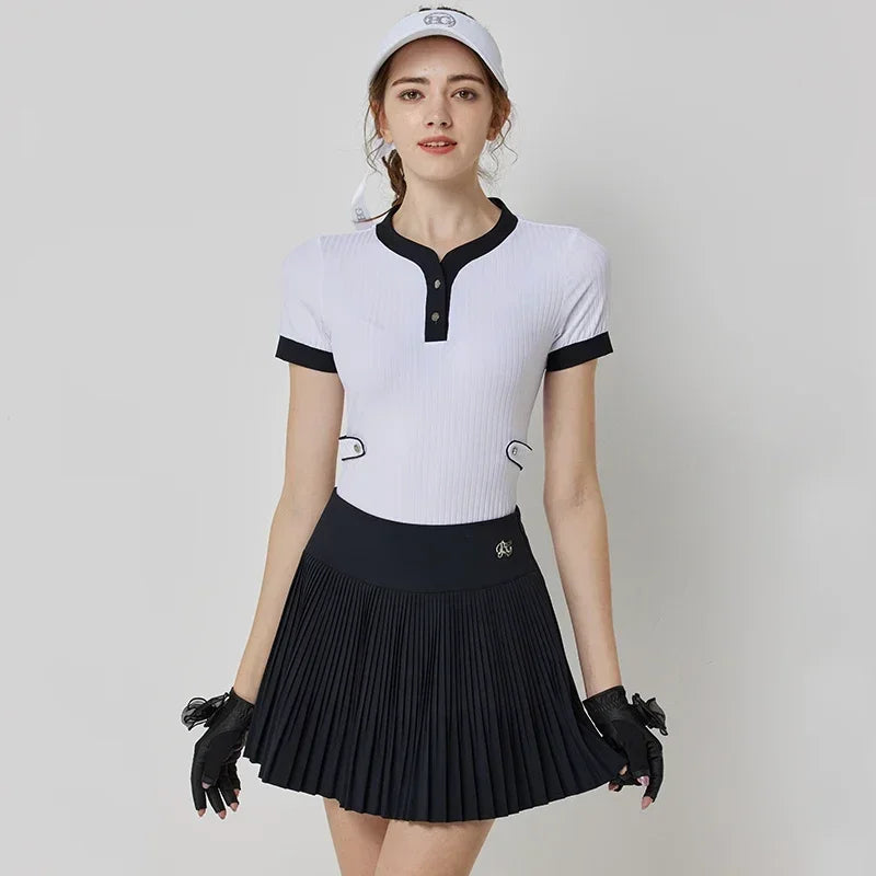 Blktee Woman Patchwork Short Sleeve Shirt Slim Fast Dry Golf T-shirt  Anti-light Pleated Skirt High Waist Elegant Casual Skort