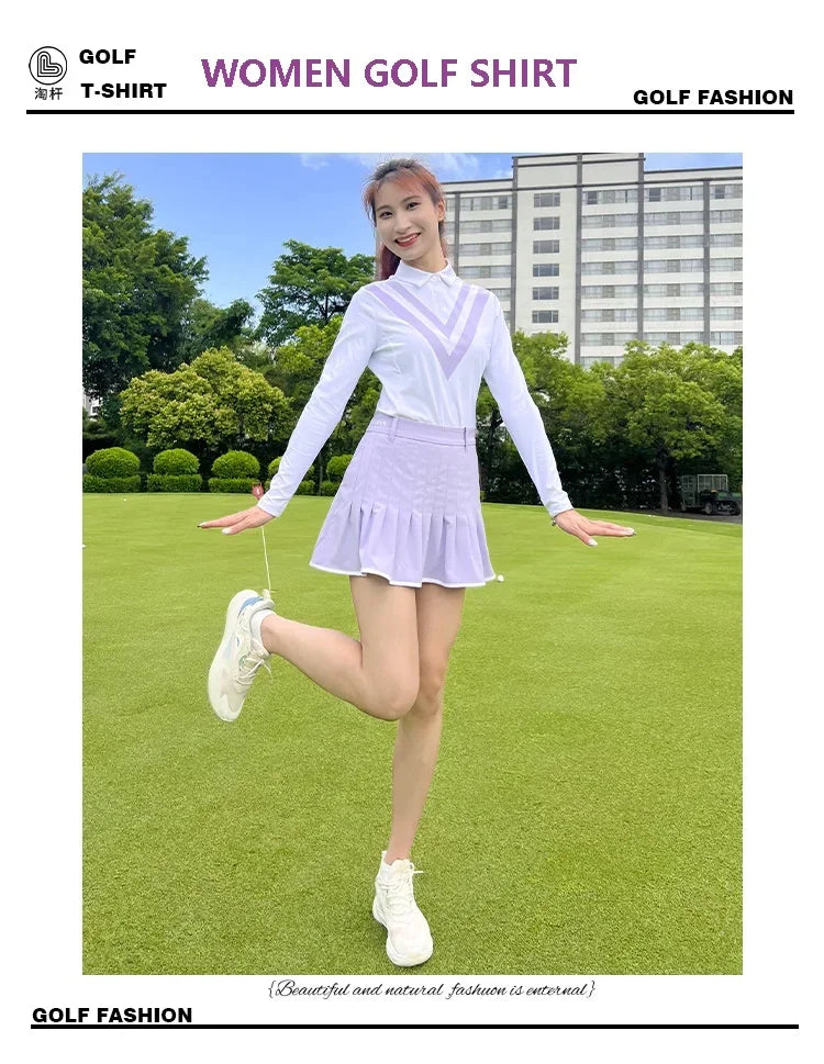 Schlankes Langarm-Golfshirt im koreanischen Stil für Damen