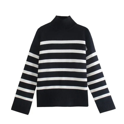 Winter Striped Turtleneck Sweater - Women's Streetwear