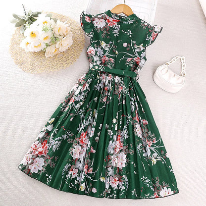 Kids Floral Print Fly-sleeve Pleated Dress For Girls