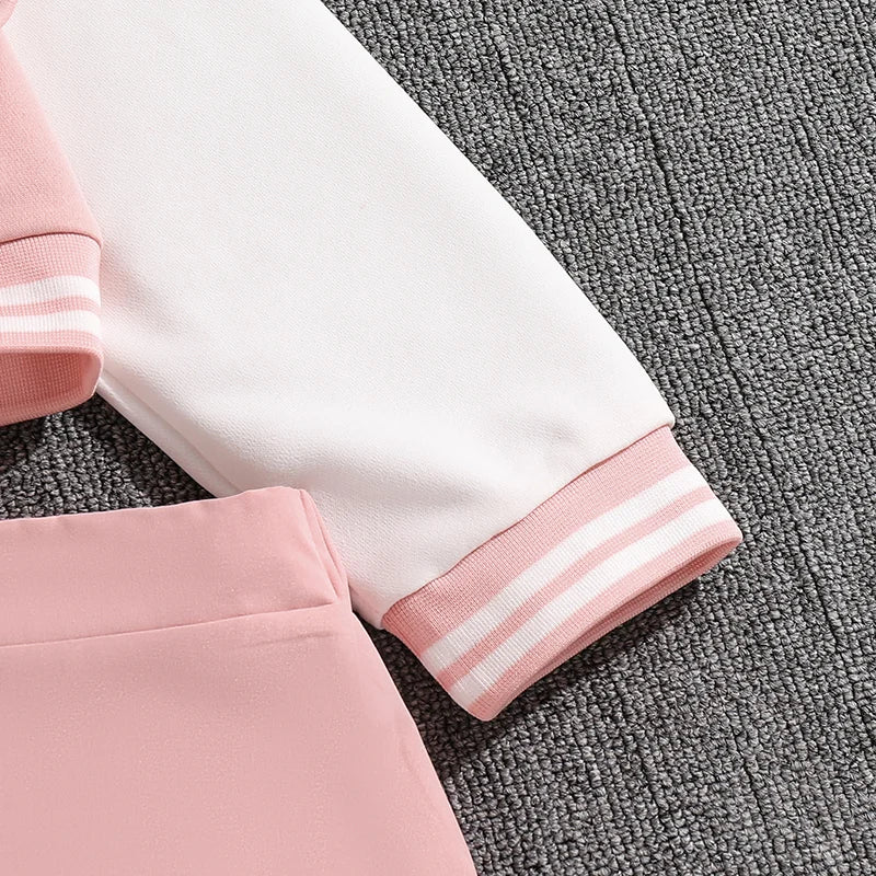 Ensemble veste de baseball blanche et rose avec jupe plissée pour fille