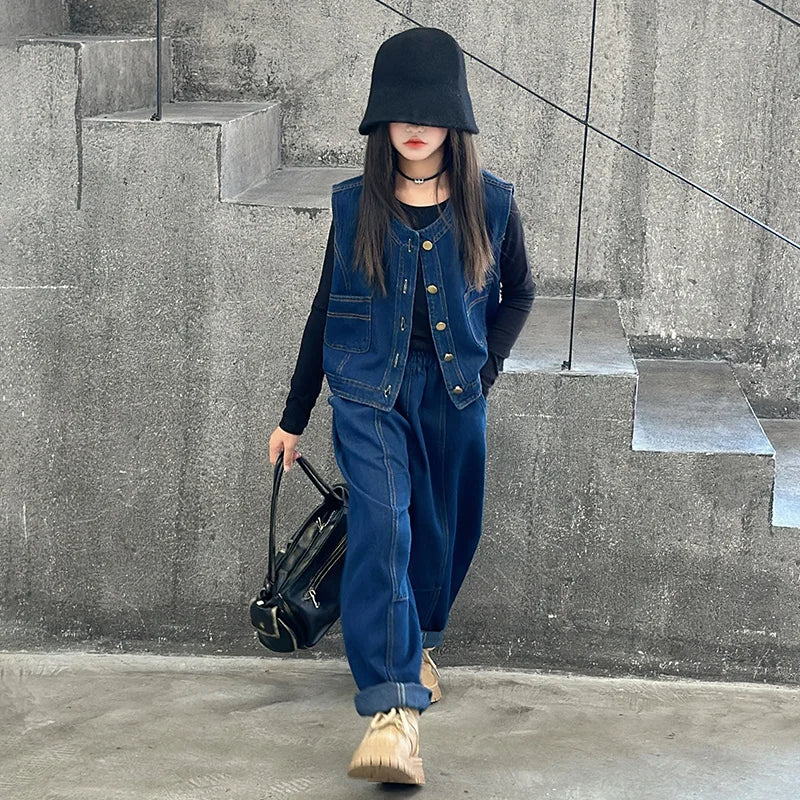 Ensemble gilet en jean pour fille, t-shirt, pantalon à jambe large