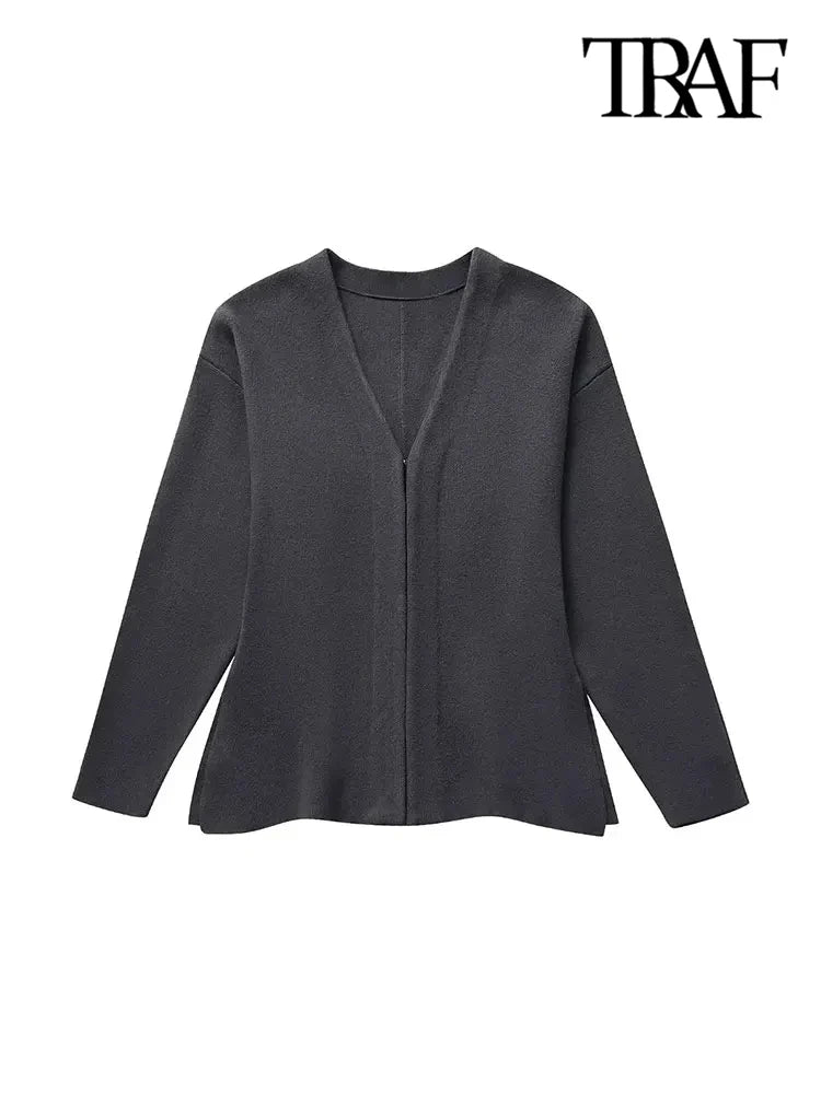 Cardigan en tricot ajusté chic à col en V pour femme