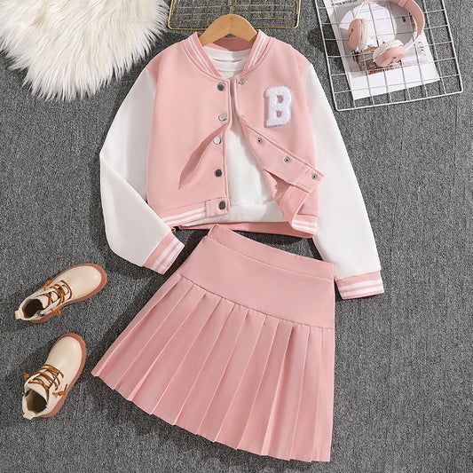 Ensemble veste de baseball blanche et rose avec jupe plissée pour fille