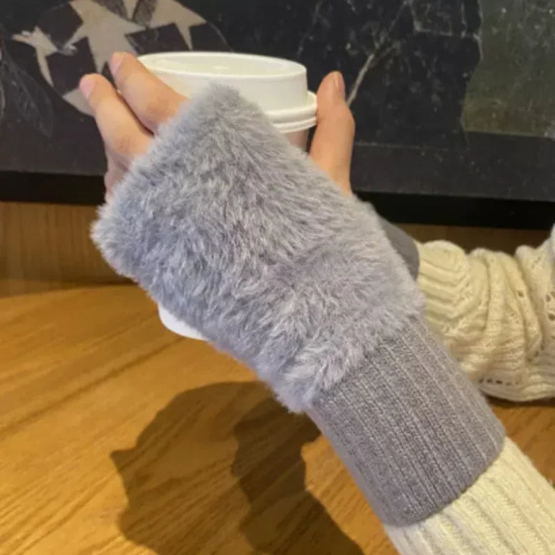 Mink Fleece Half Finger Women's Gloves -  Knitted Fingerless Gloves