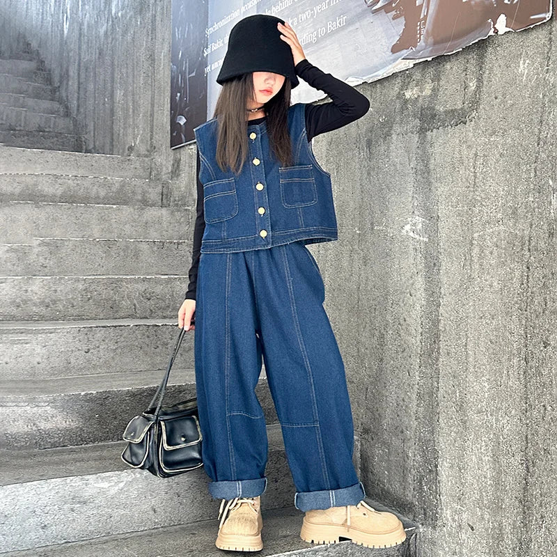 Ensemble gilet en jean pour fille, t-shirt, pantalon à jambe large