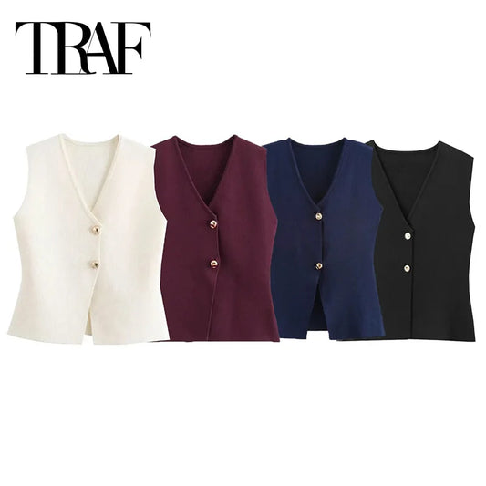 Cropped Knit Vest Top with Buttons for Women